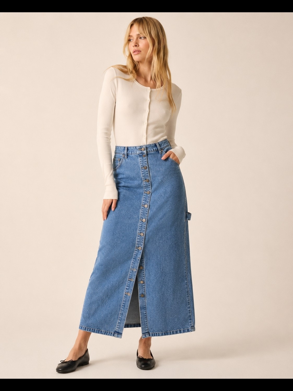 Cherokee Womens 10 Denim Maxi Skirt 100% Cotton Button Front Long Blue Jean